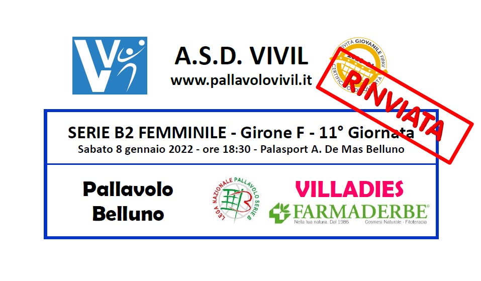 Pallavolo Belluno - VILLADIES FARMADERBE rinviata